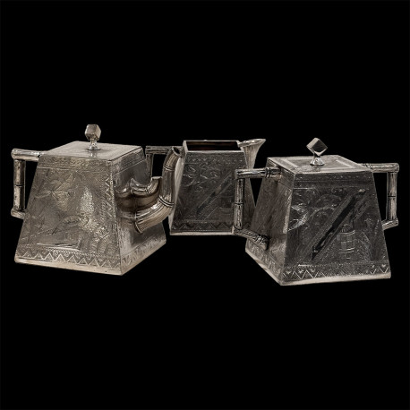 Square Tea Set by James W. Tufts, Aesthetic Movement Silver Plated