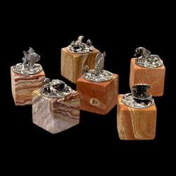 6 Marine-themed card holders in sterling silver hardstone bases by Buccellati