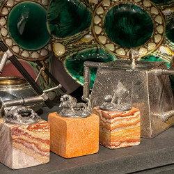 6 Marine-themed card holders in sterling silver hardstone bases by Buccellati