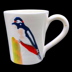 Majolica Great spotted woodpecker mug