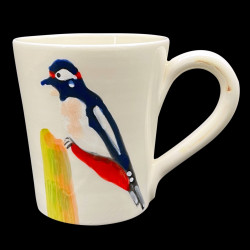 Majolica Great spotted woodpecker mug