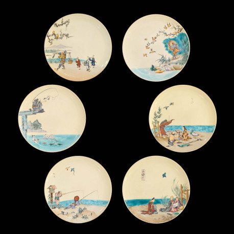 Assiettes scènes japonisantes faïence manufacture Vieillard circa 1880