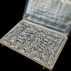 Set of six double salt cellars with their silver spoons, made in Paris around 1900
