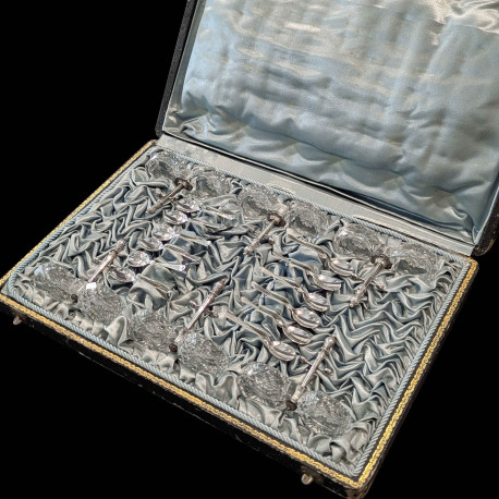 Coffret 6 salerons double, cristal 12 pelles à sel en argent XIXe