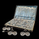 Set of six double salt cellars with their silver spoons, made in Paris around 1900