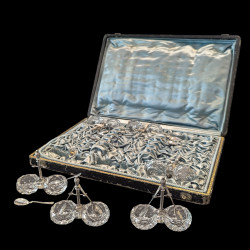 Coffret 6 salerons double, cristal 12 pelles à sel en argent XIXe