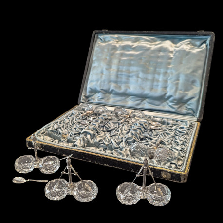 Coffret 6 salerons double, cristal 12 pelles à sel en argent XIXe
