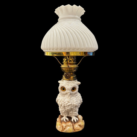 Lampe à pétrole hibou abat jour opaline blanche Fr yeux verre 40cm fin XIXe
