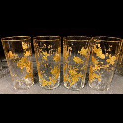 Service verre émaillé or oiseaux et fleurs 6 verres 1 carafe Toy Leveillé 1900