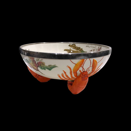 Saladier Wedgwood décors chromo, pieds homards cerclé métal argenté XIXe